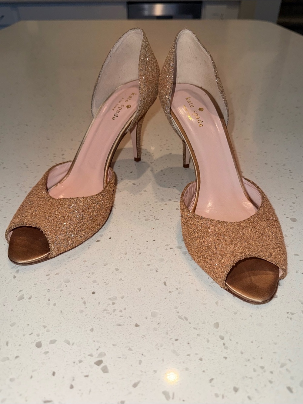 kate spade Gold Glittery Open-Toe Stiletto Heels